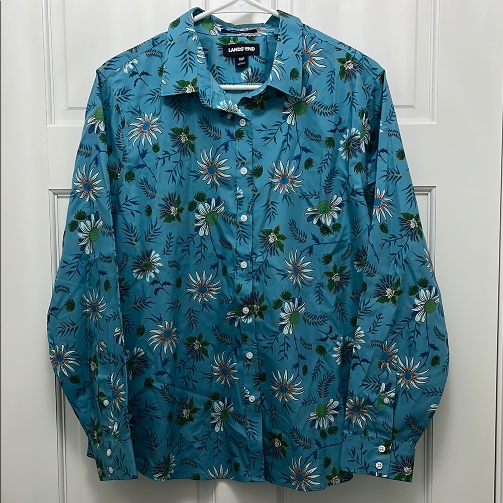 Lands' End 100% Supima Cotton Floral Button Down Blouse - Size 16P